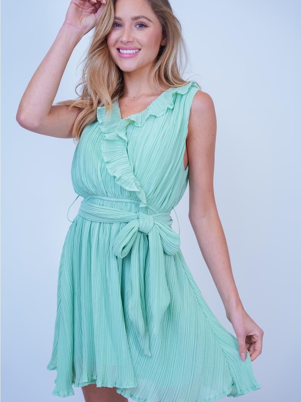 Medium & XL White Birch Mint Green Pleated Ruffle Wrap Mini Dress